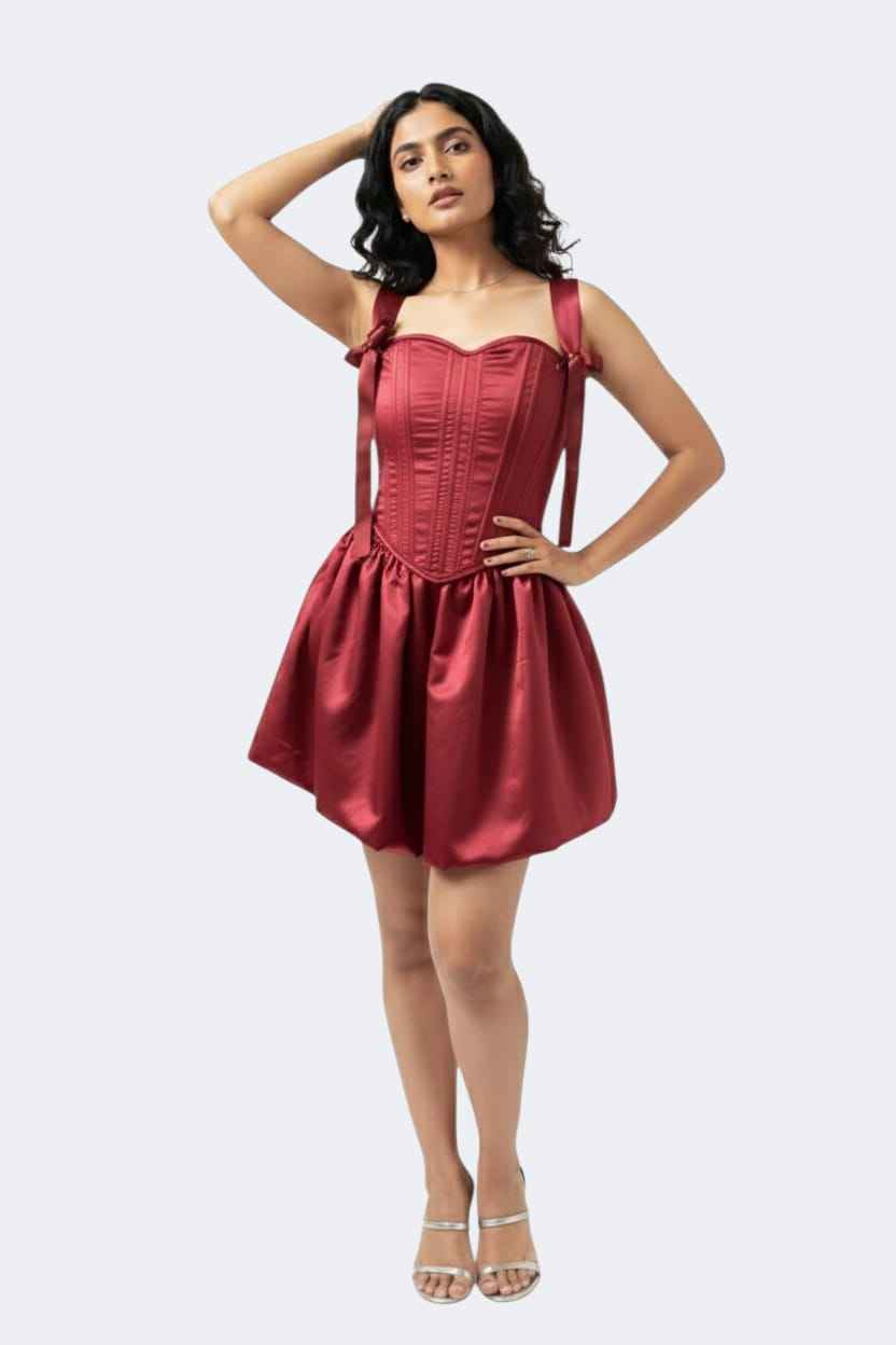Maroon Satin Corset Mini Dress