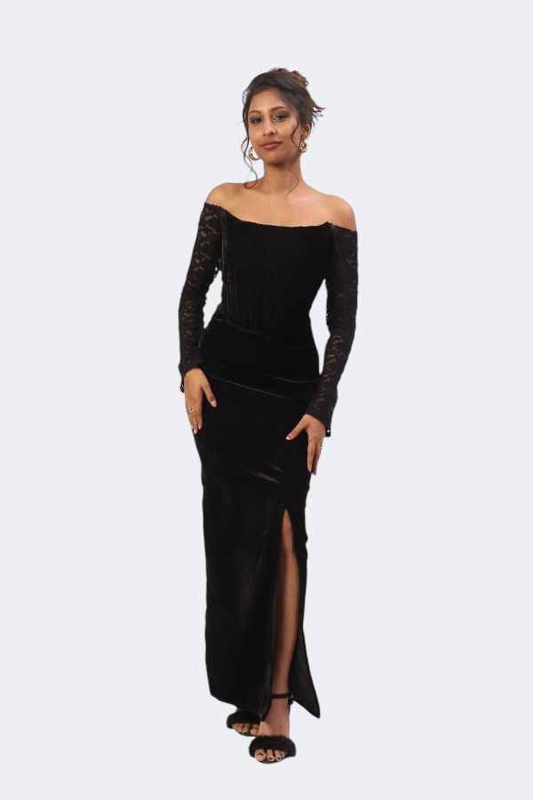 Boning Corset Black Off-Shoulder Velvet Gown