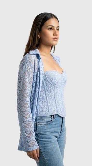 The Ice Blue Lace Corset Set along with sheer lace overshirt