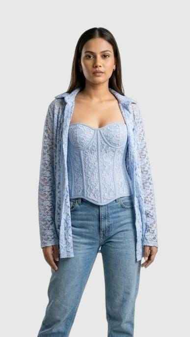 The Ice Blue Lace Corset Set along with sheer lace overshirt